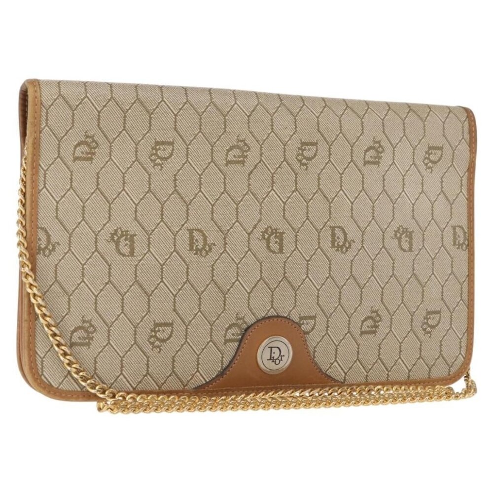Authentic Christian Dior Honeycomb Canvas Chain Shoulder Bag PVC Beige Gold